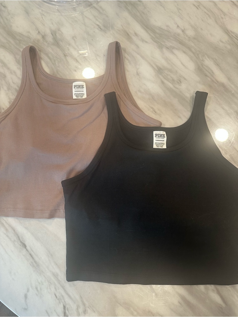 BUNDLE OF 2 - Victoria's Secret PINK Rib Crop Tank Top, XL, Black & brown/beige